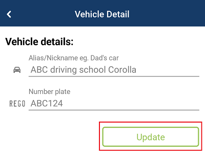 Vehicle screen with the Update button highlighted