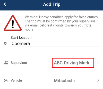 Add trip screen with the supervisor field highlighted