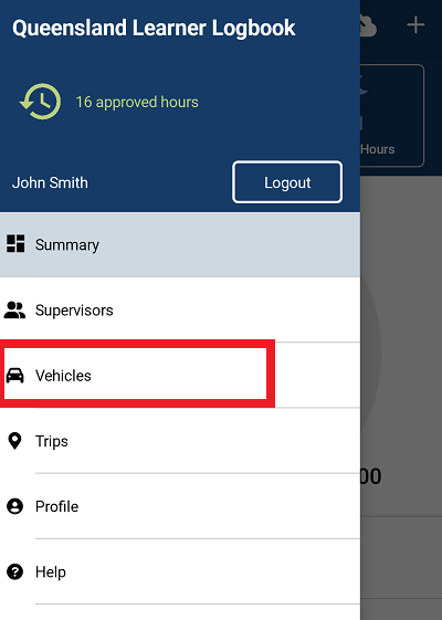 App menu with the vehicles option highlighted