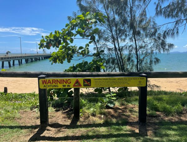 Photo of a croc warning sign at a beach.