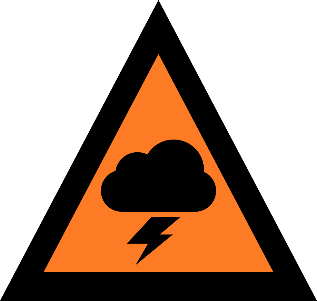 The image depicts an Australian Warning System Hazard Icon. The Icon is in the shape of an equilateral triangle depicting a black border and an orange background to reflect the 'Watch and Act' warning level, within the triangle, in black, is a cloud with one lighting bolt coming out of the bottom to depict the hazard of severe weather.