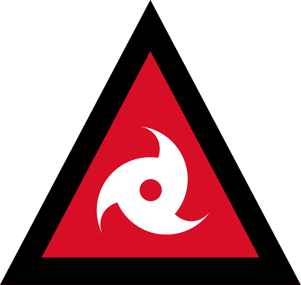 The image depicts an Australian Warning System Hazard Icon. The Icon is in the shape of an equilateral triangle depicting a black border and a red background to reflect the 'Emergency Warning' warning level, within the triangle, in white, is a circle with three prongs curving out to the corners of the triangle to depict the hazard of a cyclone. 