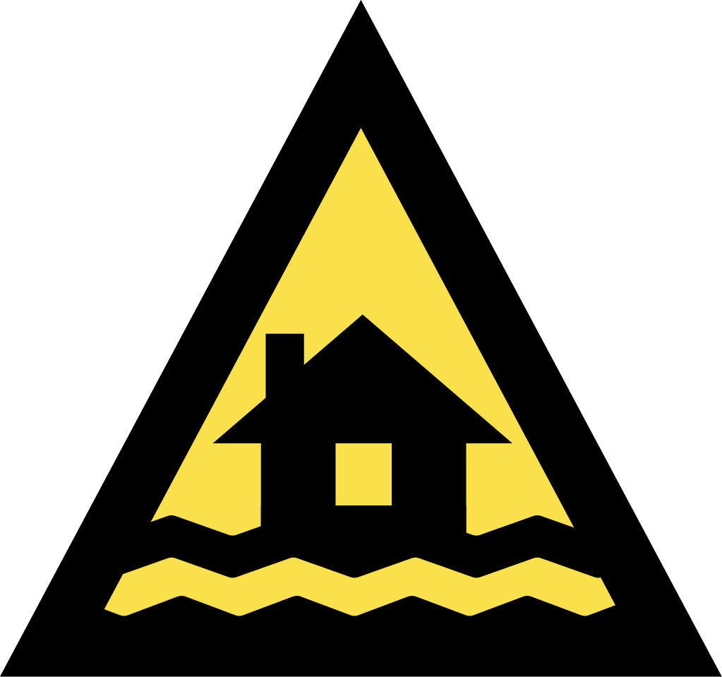 The image depicts an Australian Warning System Hazard Icon. The Icon is in the shape of an equilateral triangle depicting a black border and a yellow background to reflect the 'Advice' warning level, within the triangle, in black, is a house with waves to depict the hazard of flooding. 