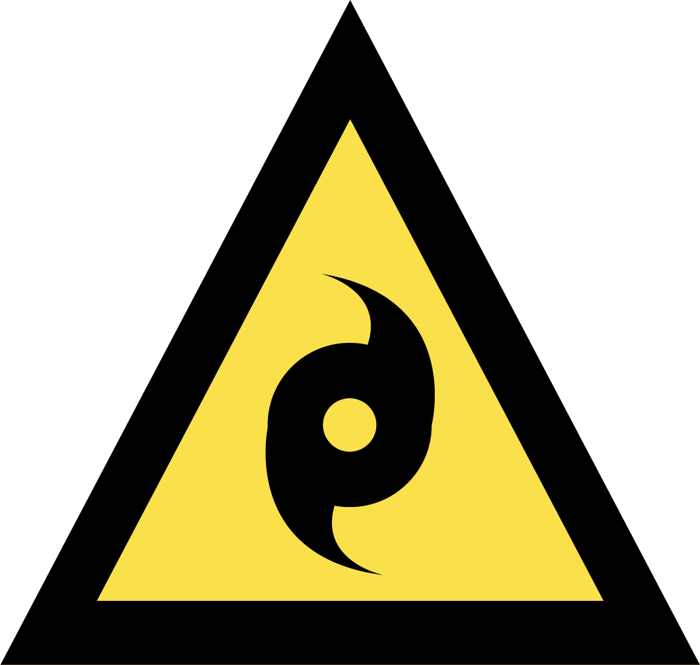 The image depicts an Australian Warning System Hazard Icon. The Icon is in the shape of an equilateral triangle depicting a black border and a yellow background to reflect the 'Advice' warning level, within the triangle, in black, is a circle with two prongs curving out from the top and bottom to depict the hazard of a cyclone. 